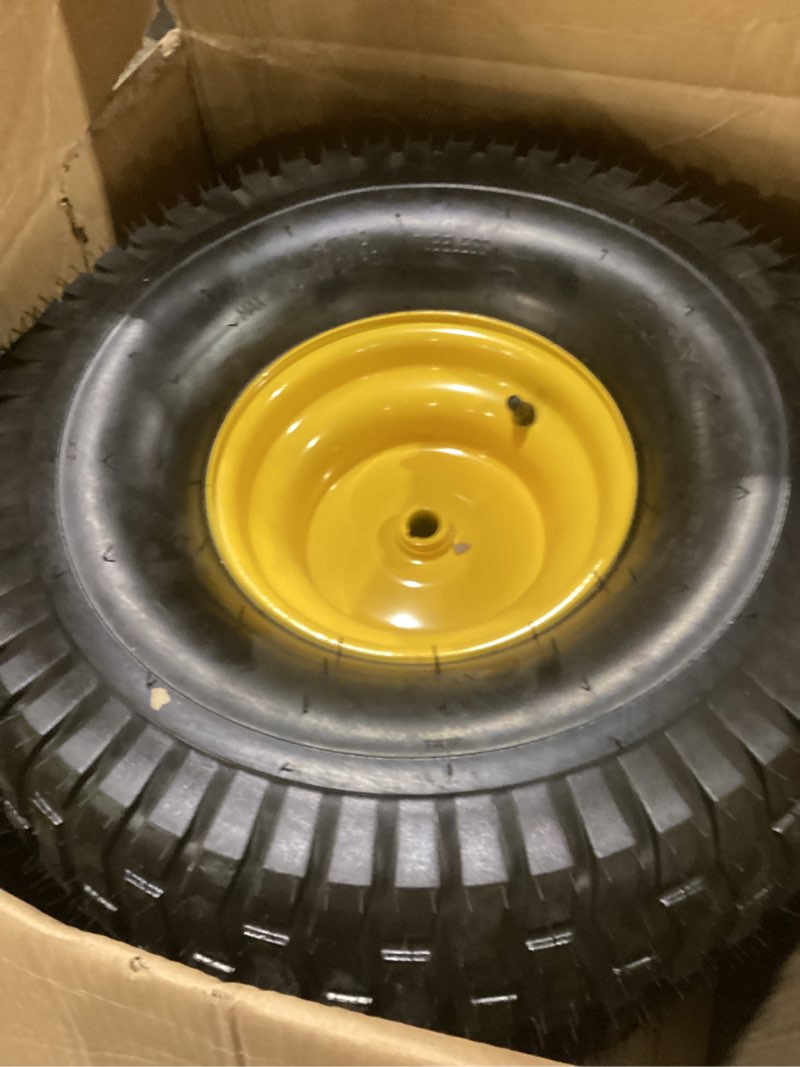 Condition photo showing New/Like New for 2 pcs 11x4.00-5 flat free lawn mower tire and wheel, 3.4" centered hub, 3/4" & 5/8" bearings, 11x4-5 solid tires, smooth tread, replacement for zero-turn mower front tires, gray 2pcs 11x4-5 flat free