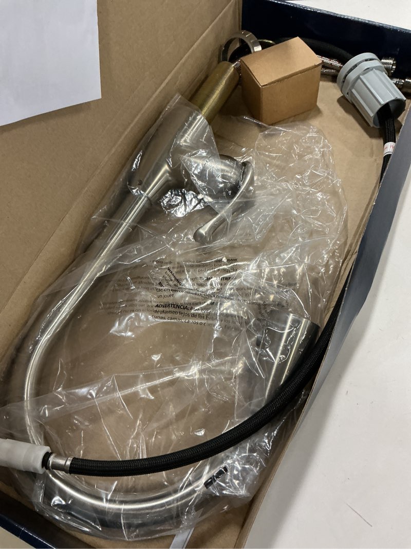 Condition photo showing As Is for Project Source Tucker Stainless steel Single Handle Deck-mount Pull-down Kitchen Faucet with Sprayer (Includes Deck Plate)