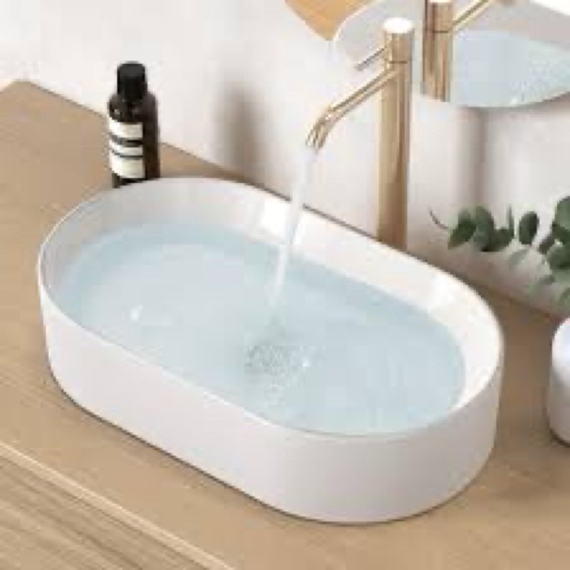 KES Bathroom Sink, White Vessel Sink for Bathroom, Oval Above Counter Ceramic Countertop Modern Sink