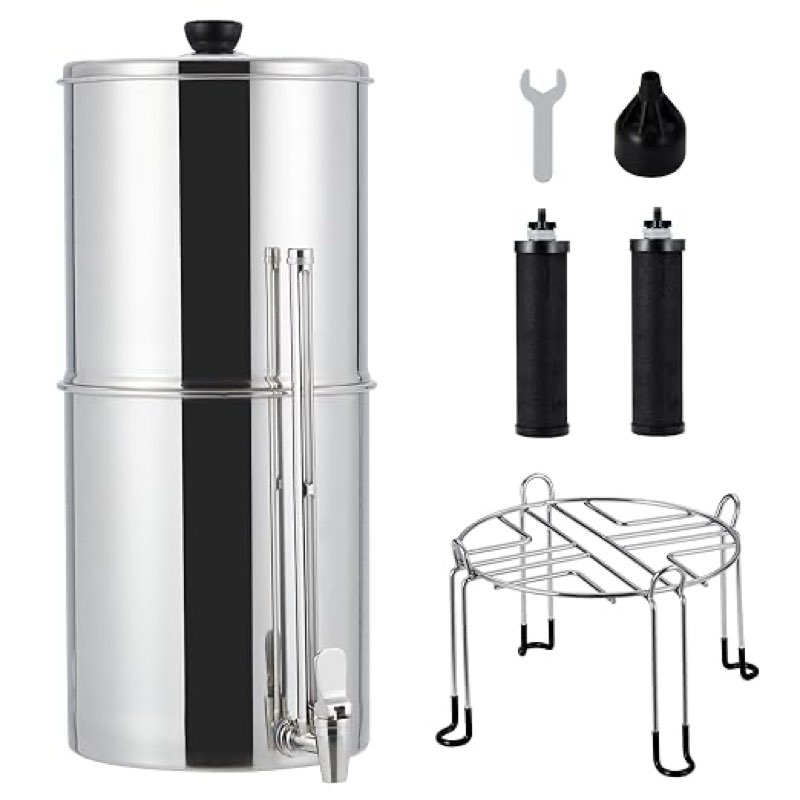 gravity-fed water filter system, 2.25g stainless-steel countertop water filter system with 2 black carbon filters, metal water level spigot and stand, for home, camping, rv, emergencies