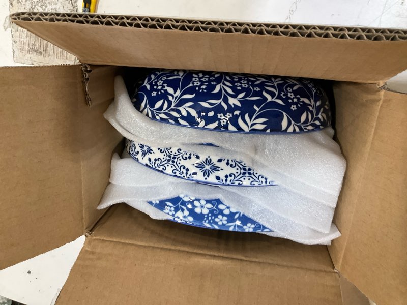 Condition photo showing Good Condition for vancasso selene 8.5" pasta bowls set of 6, 40 oz porcelain shallow salad bowls, serving bowls large kitchen bowl plates pasta plates, blue & white floral design, microwave safe cobalt blue 40 oz