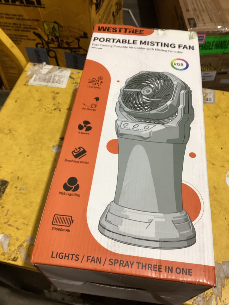 Condition photo showing As Is for westtree portable misting fan with large battery fan-rechargeable outdoor misting cooling fans with 2l water tank,rgb lights,4 speeds & spray modes-for patio, camping, beach, workshop (x65 black)