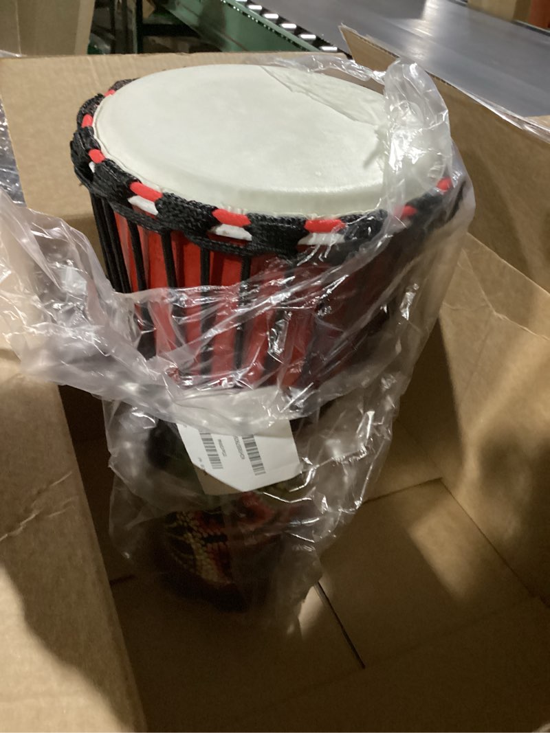 Condition photo showing Good Condition for wood djembe drum, 8.5'' x 16''carved mahogany african drums with goatskin drumhead, west african styled professional djembe hand drum musical instruments for adults beginners 8"-colorful pattern