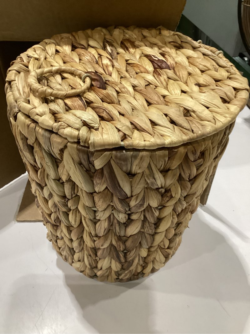 Condition photo showing As Is for coeusy 4 gallon wicker trash can with lid, small bathroom trash can, water hyacinth woven waste basket, rattan boho decorative garbage can with removable liner for bedroom, home office (round,natural)