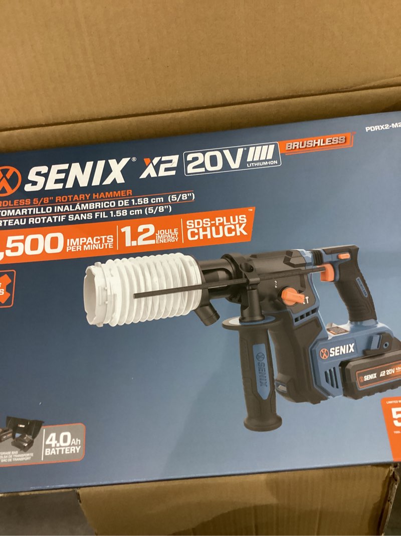 Condition photo showing New/Like New for senix 20 volt max* sds-plus cordless 5/8" rotary hammer drill with brushless motor, auxiliary handle, dual function, & vibration control, battery, charger, & storage bag included (pdrx2-m2)