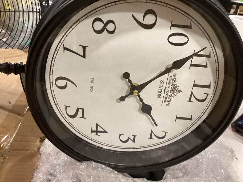 Condition photo showing Good Condition for grand central station double-sided wall clock - black iron frame, cream dial, silent quartz movement, vintage european style, ideal for living room, outdoor,bedroom, office decor 13.4*15*4.5 inch black 15 inch