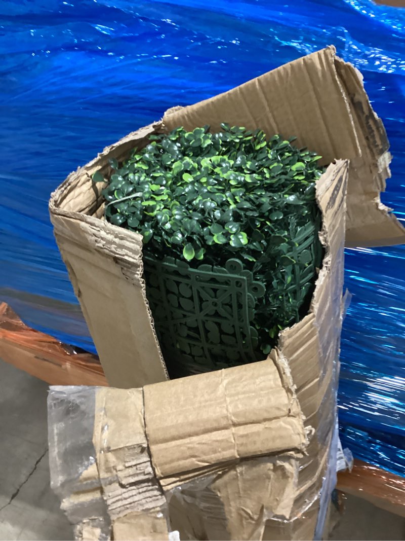 Condition photo showing As Is for odtory artificial boxwood roll,48x120 in (40 sqft) uv-anti faux ivy boxwood hedge leaf grass wall for patio balcony privacy, garden, backyard greenery wall backdrop and fence decor 48 in x 120 in- boxwood