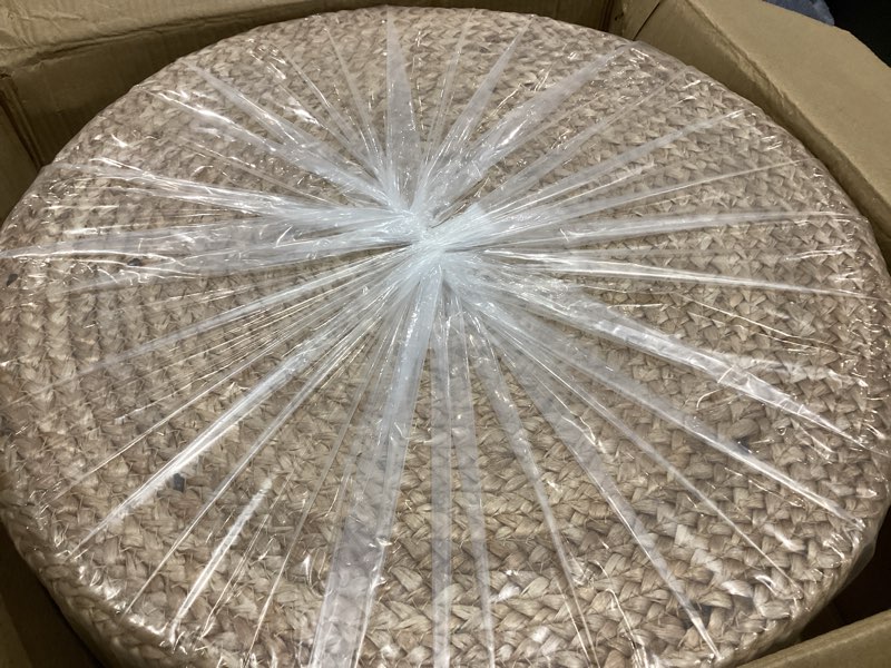 Condition photo showing New/Like New for jute pouf ottoman | footrest pouf | hand braided - round boho pouffe - for living room, bedroom, nursery (20"x20"x10") ivory