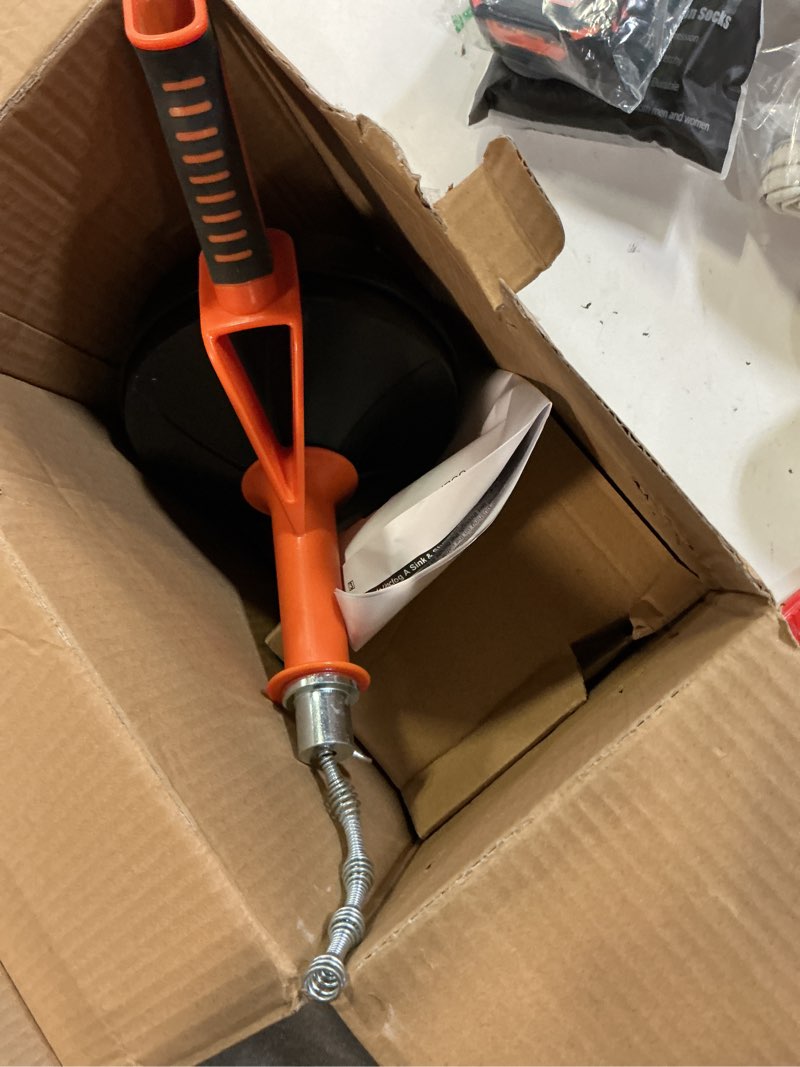 Condition photo showing As Is for drain auger, clog remover with drill adapter, 25 feet flexible plumbing snake use manually or powered for kitchen, bathroom and shower sink, comes with gloves (orange)