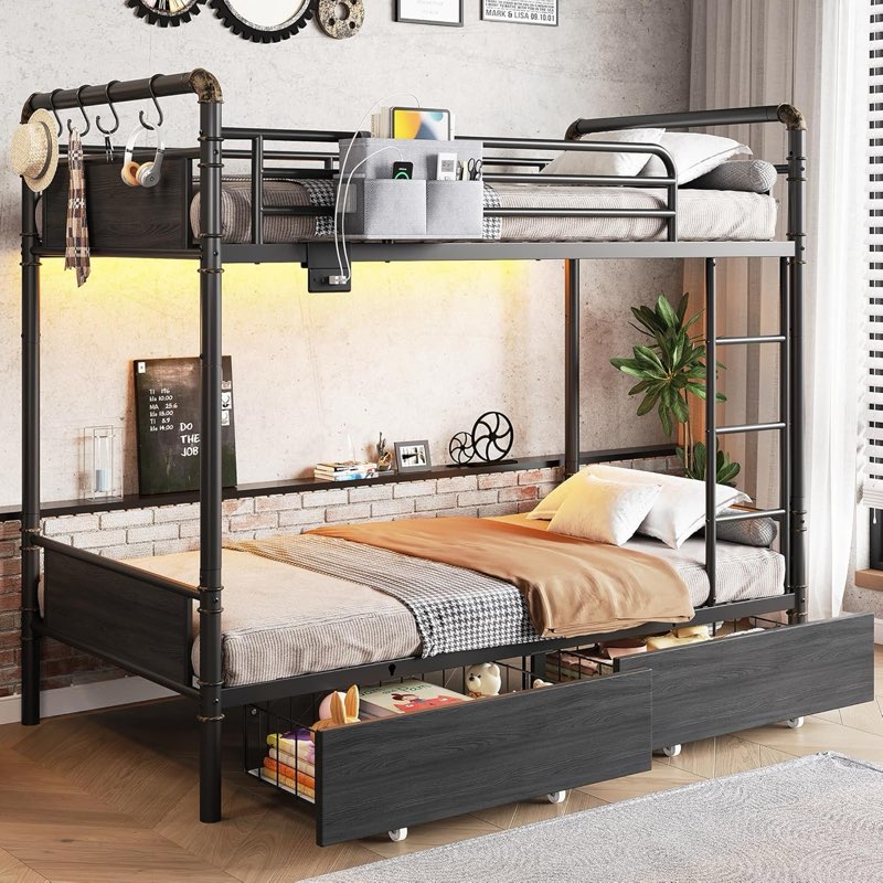 (Incomplete, box 2/2 ) Metal LED Bunk Bed Twin Over Twin with 2 Storage Drawers, USB Charging Station, Industrial Bunkbeds Heavy Duty Bed with Safety Guardrail and Ladder, No Box Spring Needed, Black