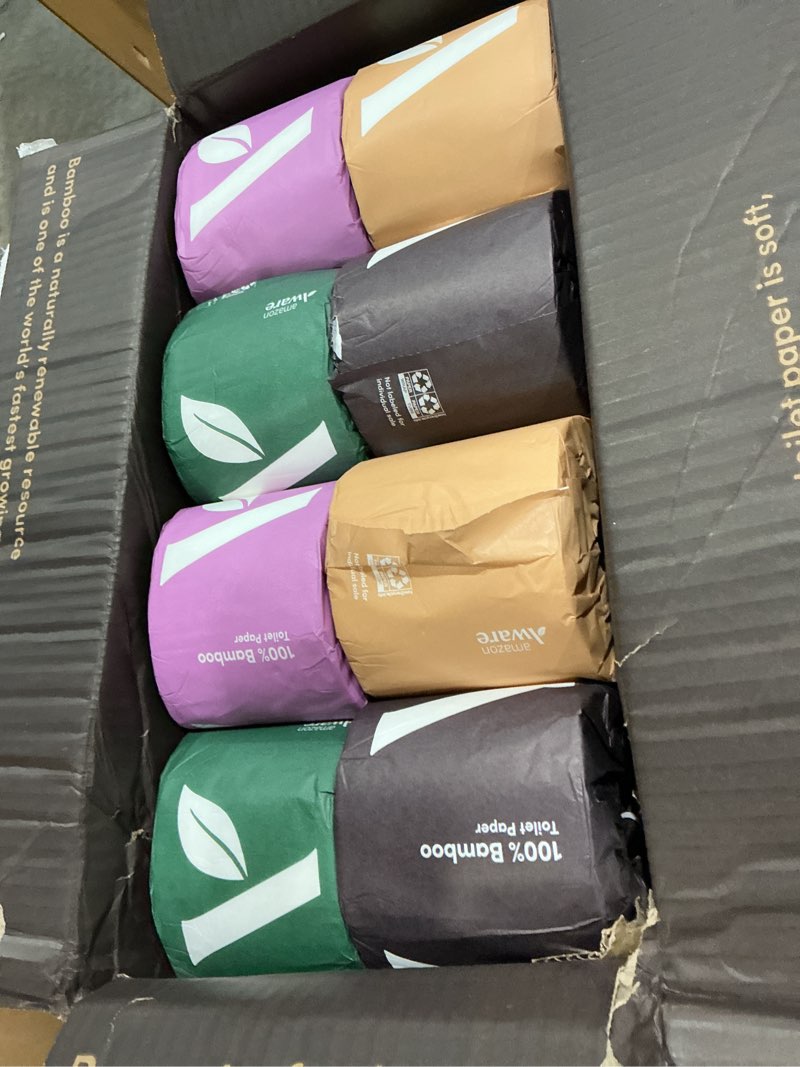 Condition photo showing New/Like New for amazon aware 100% bamboo 3-ply toilet paper, unscented, 24 rolls, fsc certified, 350 sheets, 8400 count, pack of 24, plastic-free