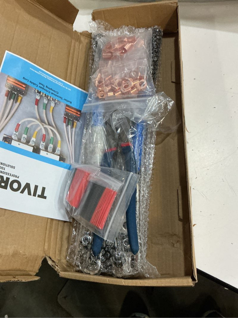 Condition photo showing New/Like New for battery cable lug crimping tool for awg 10-1/0 electrical lug, with cable cutter 64pcs ring terminals and 70pcs heat shrink tubing 1pc crimper+cable cutter+134 accessories
