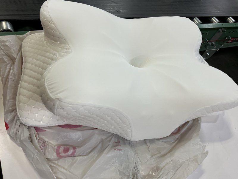 Condition photo showing Good Condition for wave support cooling pillow for neck & back pain relief, odorless ergonomic butterfly memory foam pillows, orthopedic bed pillow for side back stomach sleeper? help to relieve pain and improve sleep white