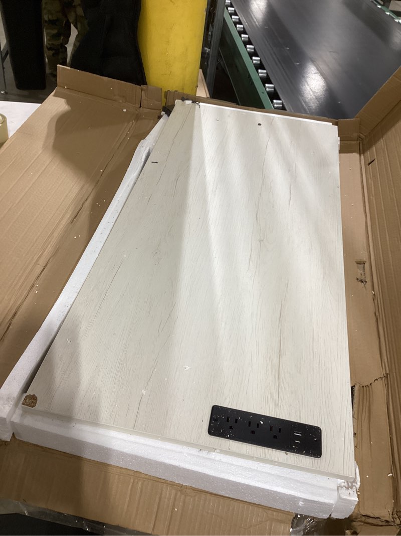 Condition photo showing As Is for Frylr Small Folding Computer Desk – 43.3 Inch Portable Table for Craft and Study, Lightweight Desk for Small Spaces, Foldable Laptop Table Built-in AC/USB Outlets for Convenience, White Ash 43.3 x 19.7 Inch With Power Outlets White Ash