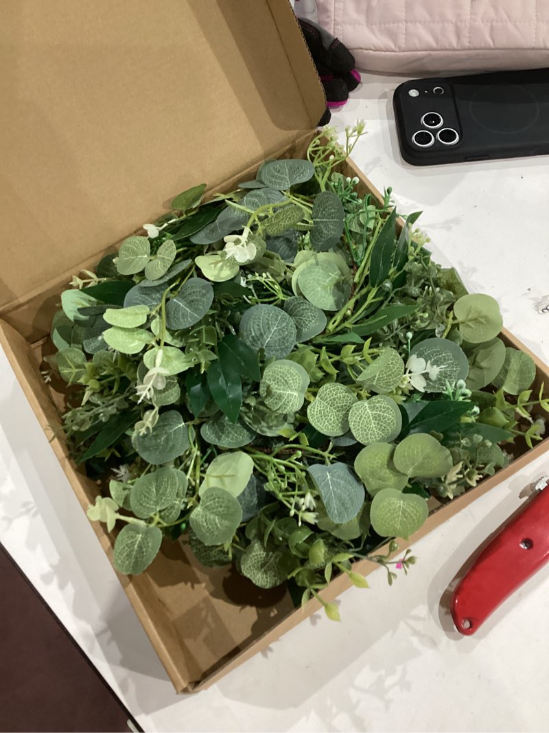 Condition photo showing Good Condition for Thiccywoov 6 Pcs Artificial Eucalyptus Leaves Candle Rings Wreaths 9. 8 Inch Small Boho Greenery Wreath Pillar Candle Holder for Candleholders Kitchen Cabinet Wedding Home Door Table Decor