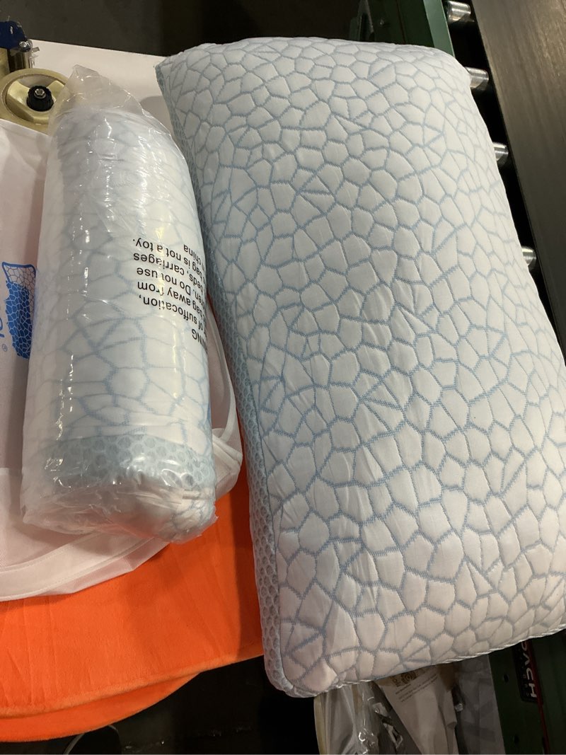 Condition photo showing Good Condition for QUTOOL Enhanced Cooling Pillows King Size Set of 2, CertiPUR-US Shredded Memory Foam Pillows 2 Pack for Hot Sleeper, Adjustable Bed Pillow for Side, Back, Stomach Sleepers Support Yet Soft, Home Gifts Blue-ice Plus King(2 Pack)-20'*36'