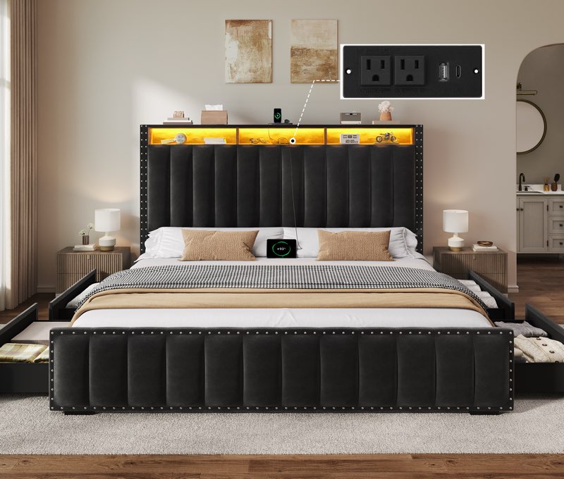dwvo king size bed frame with 4 storage drawers and rgb led lights