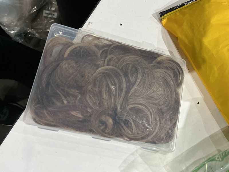 Condition photo showing New/Like New for 2pcs messy bun hair piece tousled updo with tendrils wavy curly hair bun scrunchies ponytail extension elastic band hairpieces for women (light brown mix ash blonde) light brown mix ash blonde 2 pcs