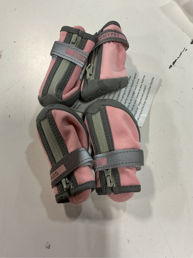 Condition photo showing New/Like New for qumy dog shoes for small dogs, puppy dog boots & paw protectors for winter snowy day, summer hot pavement, waterproof in rainy weather, ourdoor walking, indoor hardfloors skid-resistant sole pink 3 pink size 3: 1.70"x1.31"(l*w)