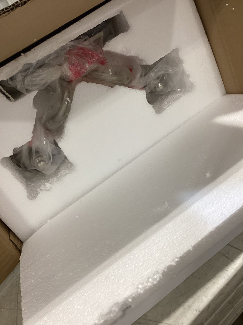 Condition photo showing Good Condition for aspen creative 62021-2, two-light metal bathroom vanity wall light fixture, 15 1/2" wide, transitional design in satin nickel with frosted glass shade satin nickel 2-light