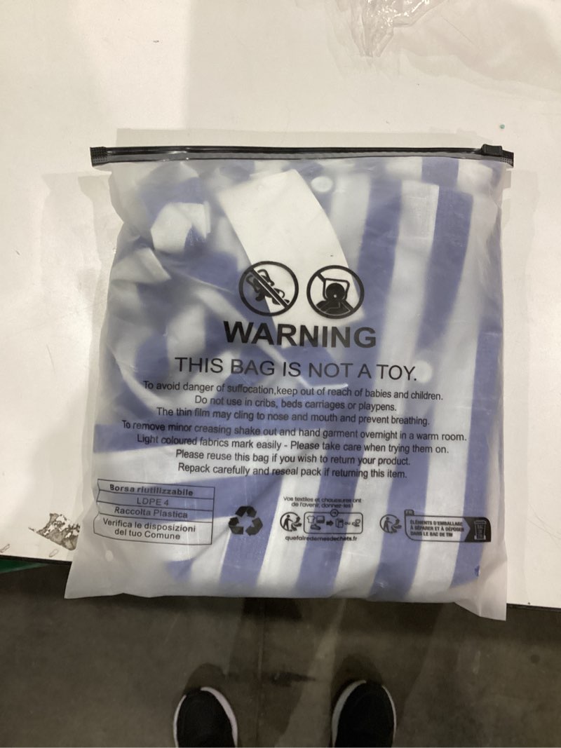 Condition photo showing As Is for WDIRARA Women's Stripes Print Loose Fit Tunic Dress Button Down Casual Shirt Dress Notch Neck Short Sleeve Dress Large Blue and White