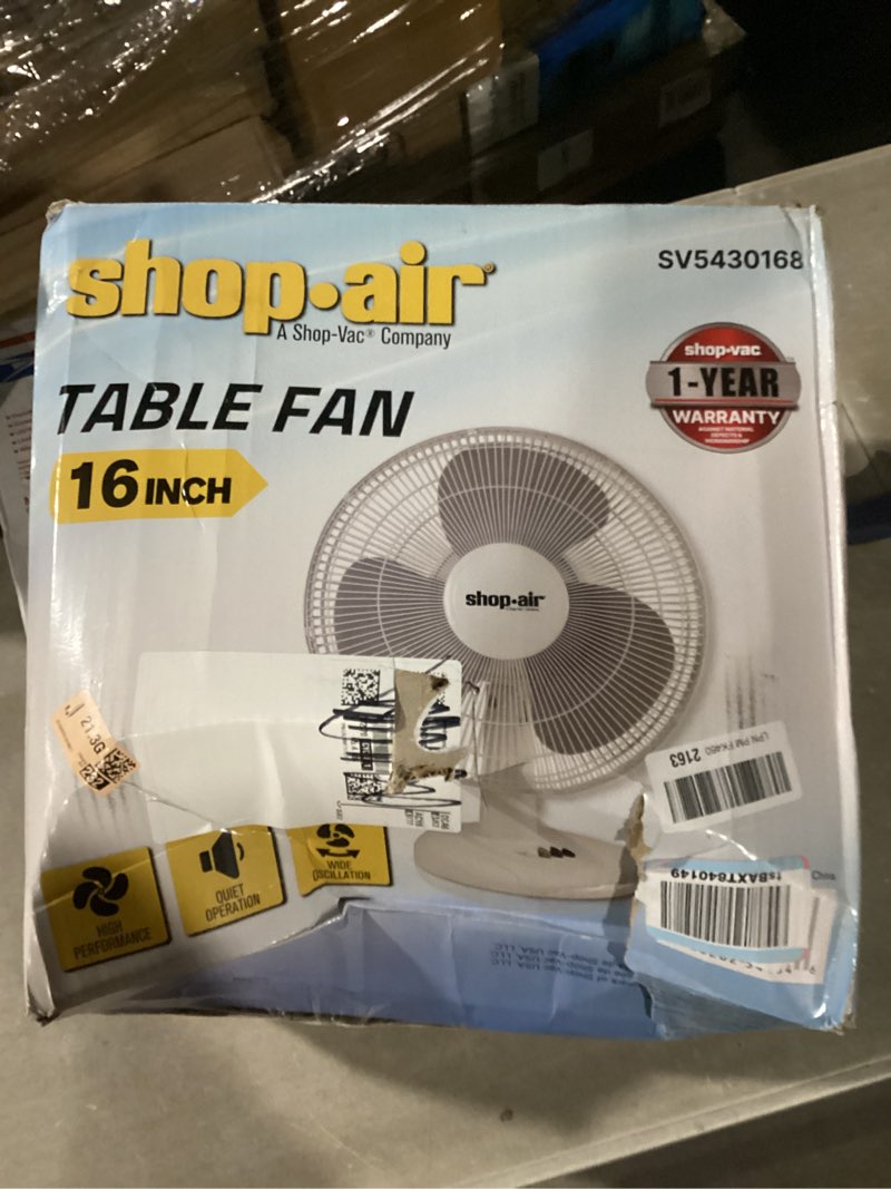 Condition photo showing New/Like New for Shop air 16" Oscillating Table Fan, 3 Speeds, High-Velocity, Quiet & Powerful Air Circulation, 70° Adjustable Head Tilt,Ideal for Home, Bedroom or Office, White