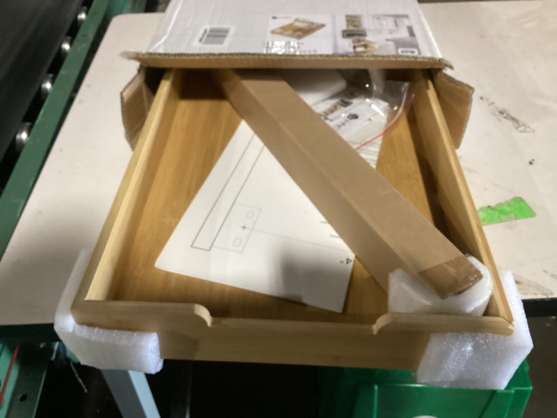 Condition photo showing Good Condition for holdn’ storage bamboo wooden pull out cabinet organizer.14”w x 21”d - requires at least a 15.25:w x 21" d. cabinet opening. w/lifetime limited warranty. bamboo tray and heavy gauge metal rails. wood 14 inch
