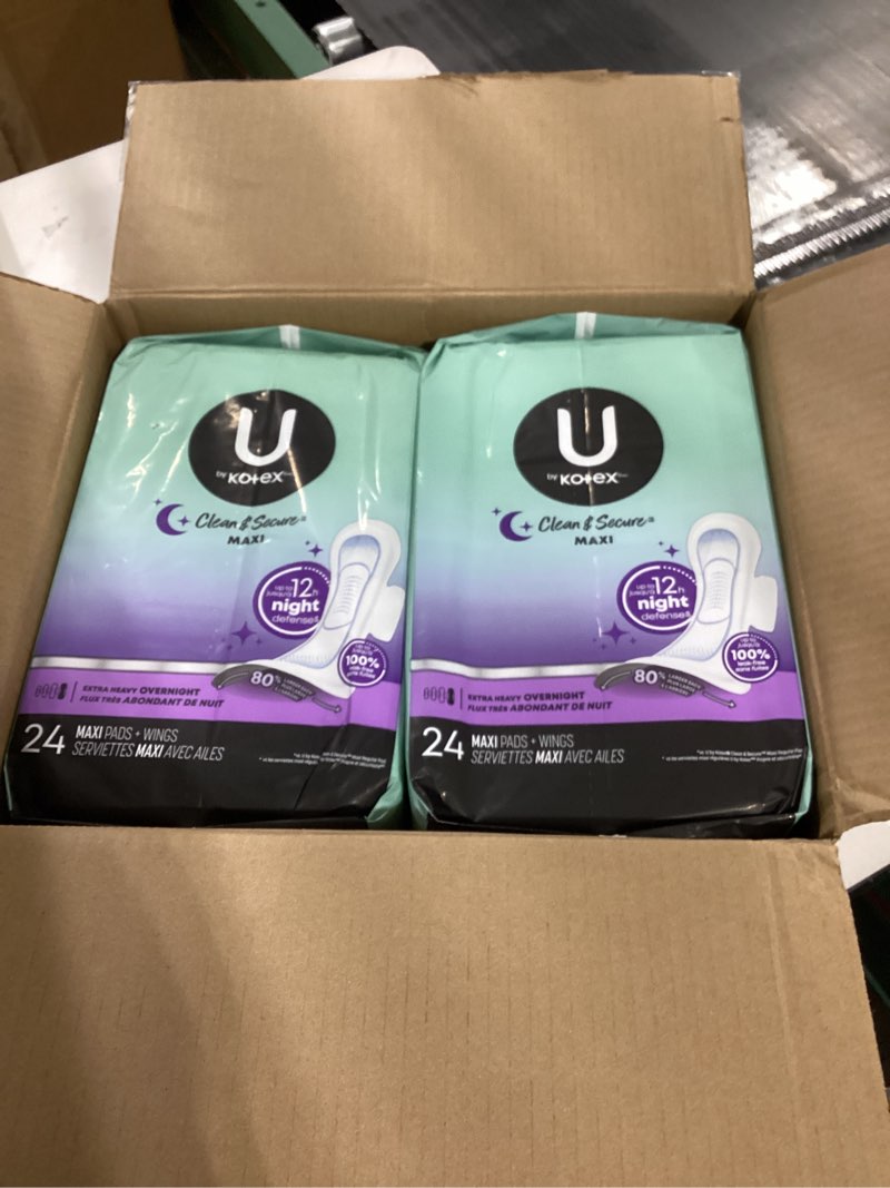 U by Kotex Clean & Secure Overnight Maxi Pads with Wings, Extra Heavy Absorbency, 48 Count (2 Packs 