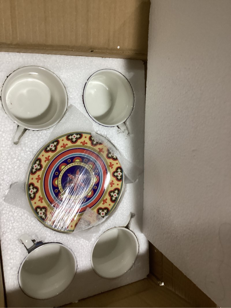 Condition photo showing New/Like New for unicasa ceramic coffee cup with saucers, 6 oz colorful mugs with dishes, porcelain cups set of 4 for latte, cappuccino, tea, boho style, microwave & dishwasher safe