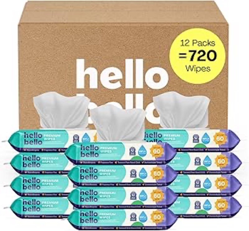 hello bello extra gentle unscented baby wipes, plant based, made with 99% water and aloe for babies 