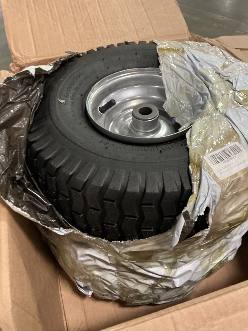 Condition photo showing Good Condition for set of 2 - 15x6.00-6 lawn mower wheel - 5/8 axle, 3 inch offset hub