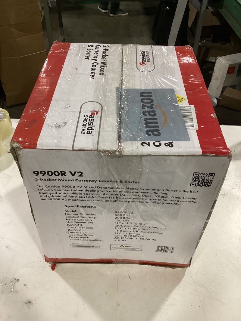Condition photo showing New/Like New for cassida 9900r v2 2-pocket premium bank grade money counter machine mixed denomination, bill sorter, value counting, printer enabled, 2 cis, uv/mg, ir/it counterfeit detection with built-in printer 9900r v2 2cis/uv/mg/ir/it 9900r v2