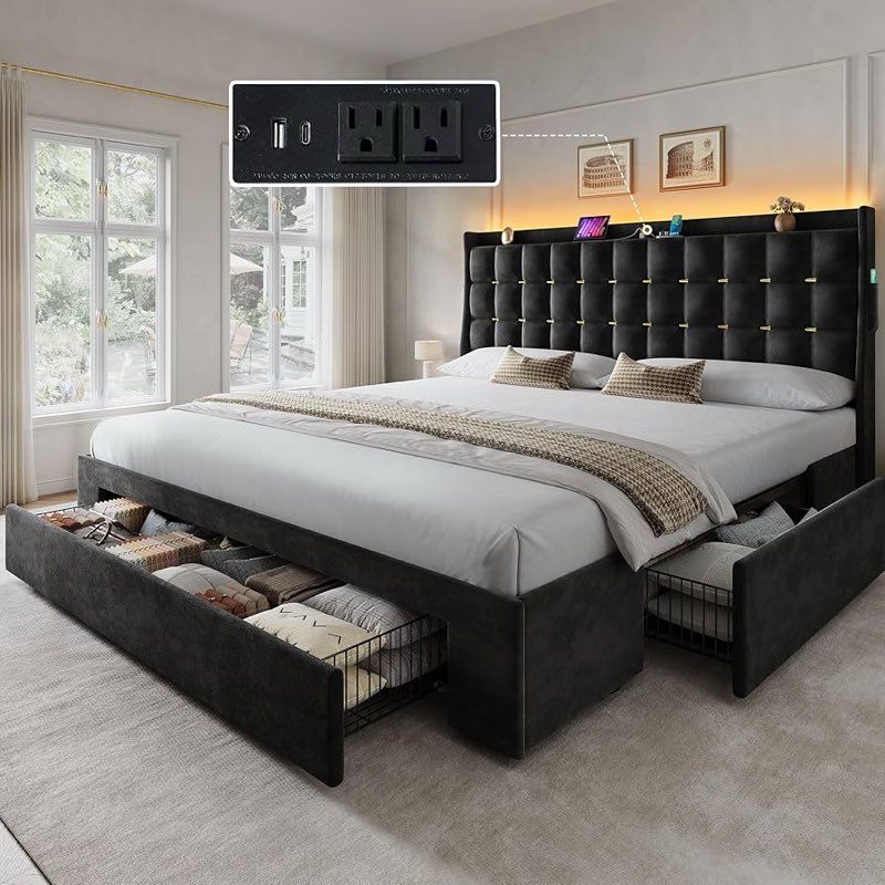 YITAHOME King Size Bed Frame with 3 Storage Drawers and RGB LED Lights, Velvet Upholstered Bed with (incomplete)