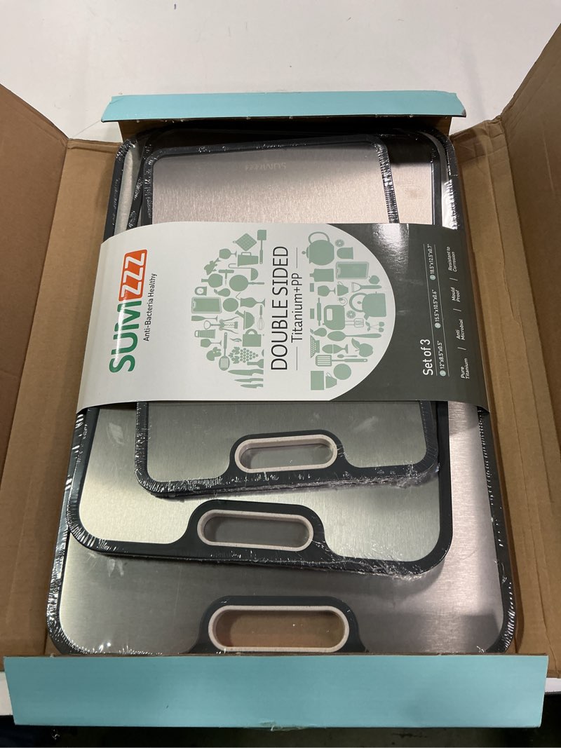 Condition photo showing New/Like New for Titanium Cutting Board for Kitchen, Cutting Board Double Sided Food Grade, Pure Titanium/PP, Easy to Clean[18”*12.5”+15.5”*10.5”+12”*8.5”] Silver Set of 3(S+M+L)