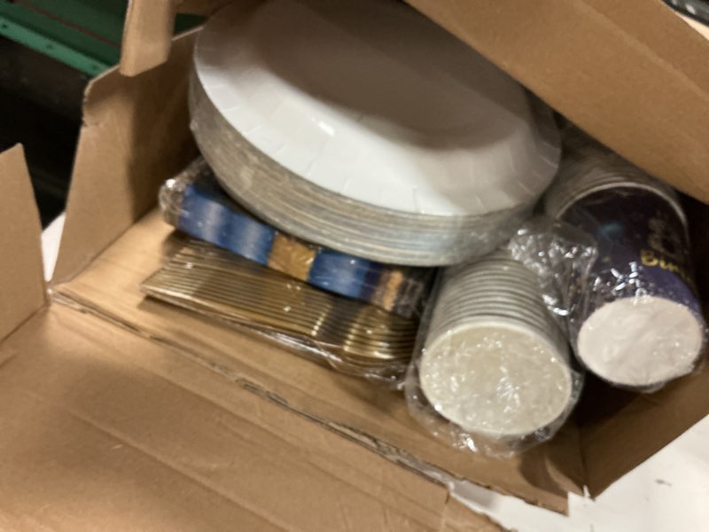 Condition photo showing Good Condition for 250pcs 80th birthday party decorations for 50 guests blue and gold party supplies for men include disposable paper plates, napkins, cups, and disposable plastic cutlery (80)