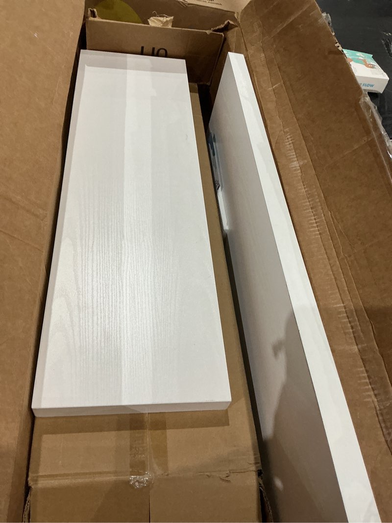 Condition photo showing Good Condition for 32in floating shelves for wall, 32"w x 9.25"d x 1.25"h, 2 pack long wall mounted engineered wood shelves with invisible brackets for living room, bedroom, bathroom, kitchen decor and storage, white drift white with invisible metal brackets 32"w, 2 packs