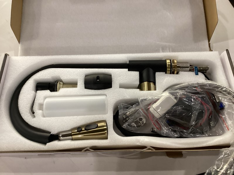Condition photo showing New/Like New for Touchless Kitchen Faucet with Pull Down Sprayer, Motion Sensor Kitchen Faucet with Kitchen Soap Dispenser, Single Handle Pull Out Faucet for Kitchen Sink,Black and Polished Chrome Touchless Black and Gold