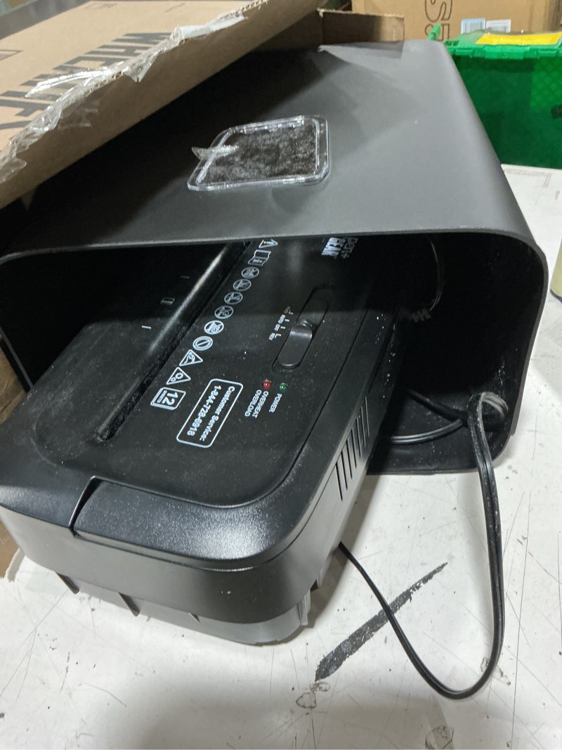 Condition photo showing As Is for pen+gear 12-sheet cross-cut paper/credit card shredder with 5.5 gallon bin, black, home & office use