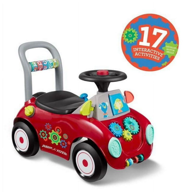 radio flyer busy buggy, 3 in 1 push walker & ride-on with interactive features, red