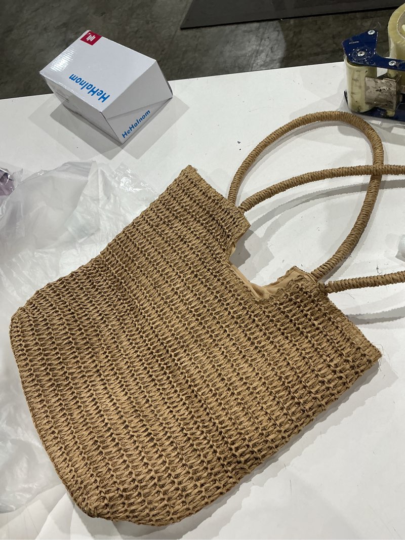 Condition photo showing As Is for straw beach bags for women woven beach tote bag casual boho large shoulder handbags purse for vacation holiday c khaki