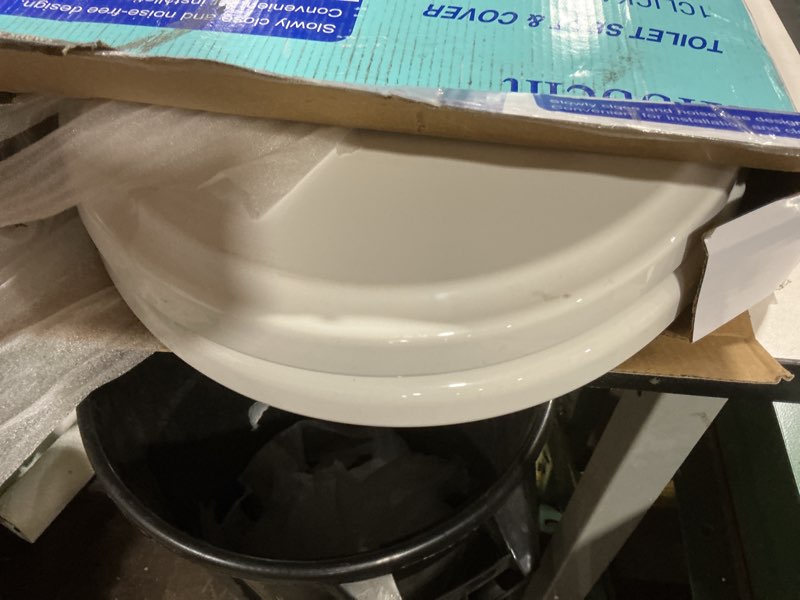Condition photo showing As Is for Hibbent Premium Elongated Toilet Seat with Cover Quiet Close, One-Click to Quick Release, Easy Installation Non-Slip Seat Bumpers, Slow Close Toilet Seat and Cover, Easy Cleaning-White Color One-click Elongated 18.5'' White