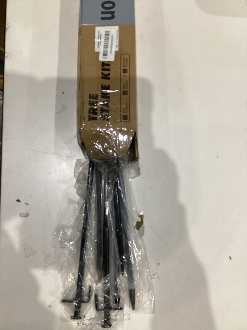 Condition photo showing New/Like New for kingsyard heavy duty tree stake kit, 6 pcs 12 inch steel tree stakes and supports for leaning young trees straightening kit against bad weather, with 6pcs straps & 6pcs 13ft anchor ropes