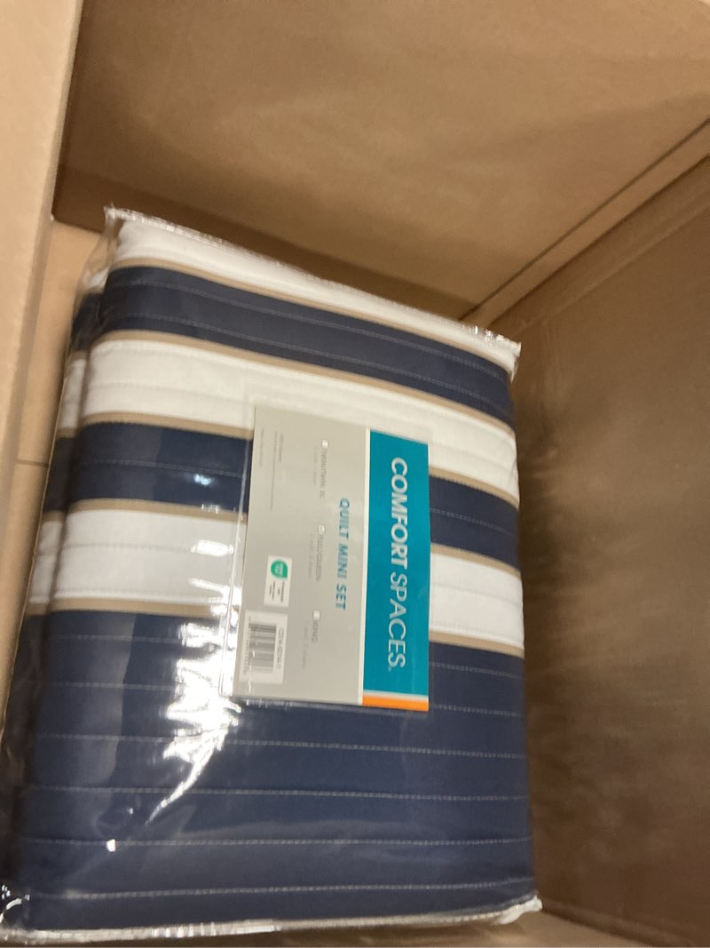 Condition photo showing Good Condition for comfort spaces quilt set trendy casual fun, vibrant color design, hypoallergenic all season, lightweight coverlet bedspread cozy kids bedding & sham full/queen verone white blue stripe 3 piece full/queen blue