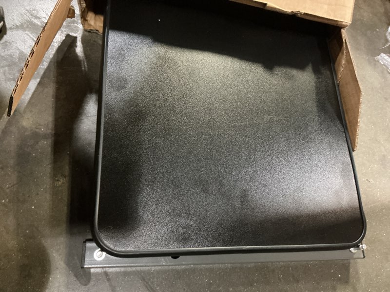 Condition photo showing As Is for vaunn medical adjustable overbed bedside table with wheels (hospital and home use) black