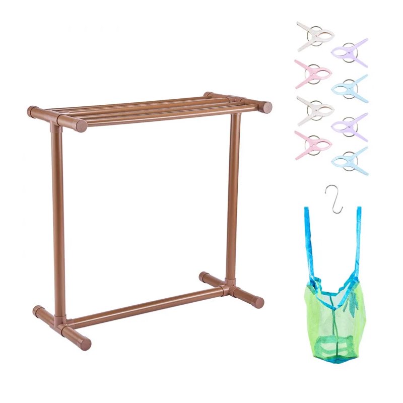 MJJZSGZXGBDD5G44WV0 VEVOR Pool Towel Rack, 5 Bar, Brown, Freestanding Outdoor PVC T-Shape Poolside Storage Organizer, Include 8 Towel Clips, Mesh Bag, Hook, Also Stores Floats and Paddles, for Beach, Swimming Pool, Home