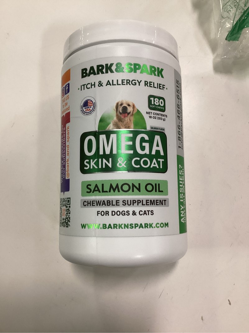 Condition photo showing New/Like New for BARK&SPARK Omega 3 for Dogs - 180 Fish Oil Treats for Dog Shedding, Skin Allergy, Itch Relief, Hot Spots Treatment - Joint Health - Skin and Coat Supplement - EPA & DHA Fatty Acids - Salmon Oil Salmon 180 Treats (Omega Skin Health)