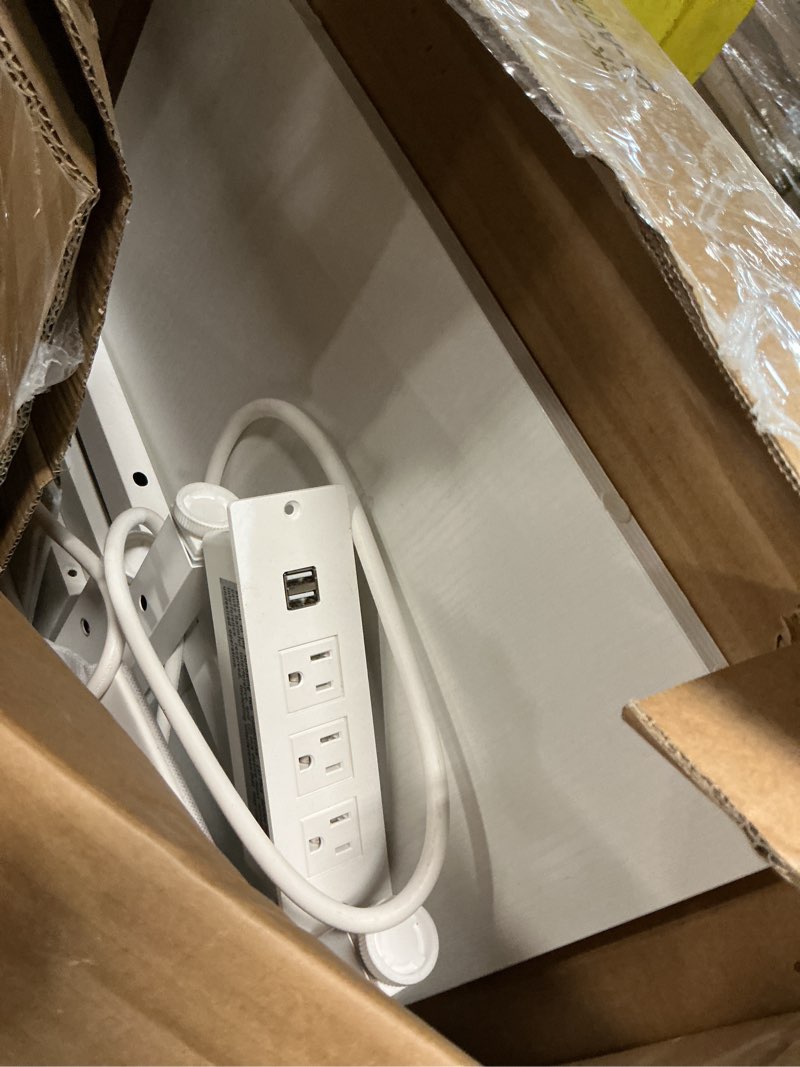 Condition photo showing As Is for lufeiya white l shaped computer desk with drawers & storage shelves, 47 inch corner reversible desk with power outlet for home office bedroom, l-shaped teen pc desks with fabric drawer, white white 47.2"