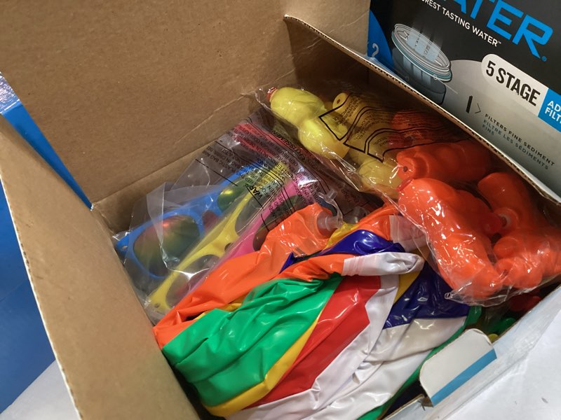 Condition photo showing As Is for giftinbox pool party favors beach party favors - pool toys for kids ages 3 4 5 6 7 8 beach balls bulk, kids sunglasses, bubble wands, summer toys for party supplies birthday 72pcs beach party favors