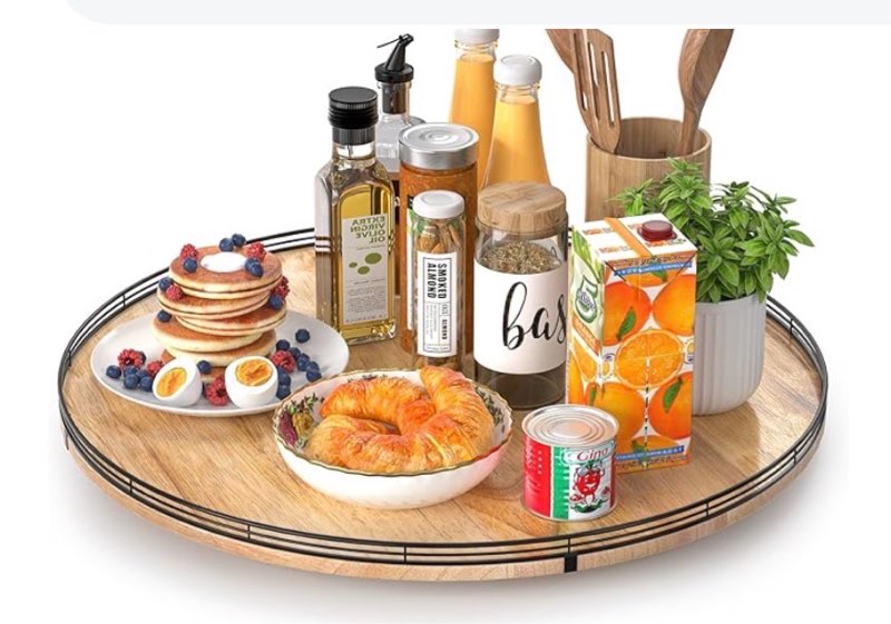 24\" lazy susan wood turntable organizer for cabinet, farmhouse round wooden large lazy susan organization and storage for dining table, pantry, kitchen, countertop, cupboard, home decor (color may vary)