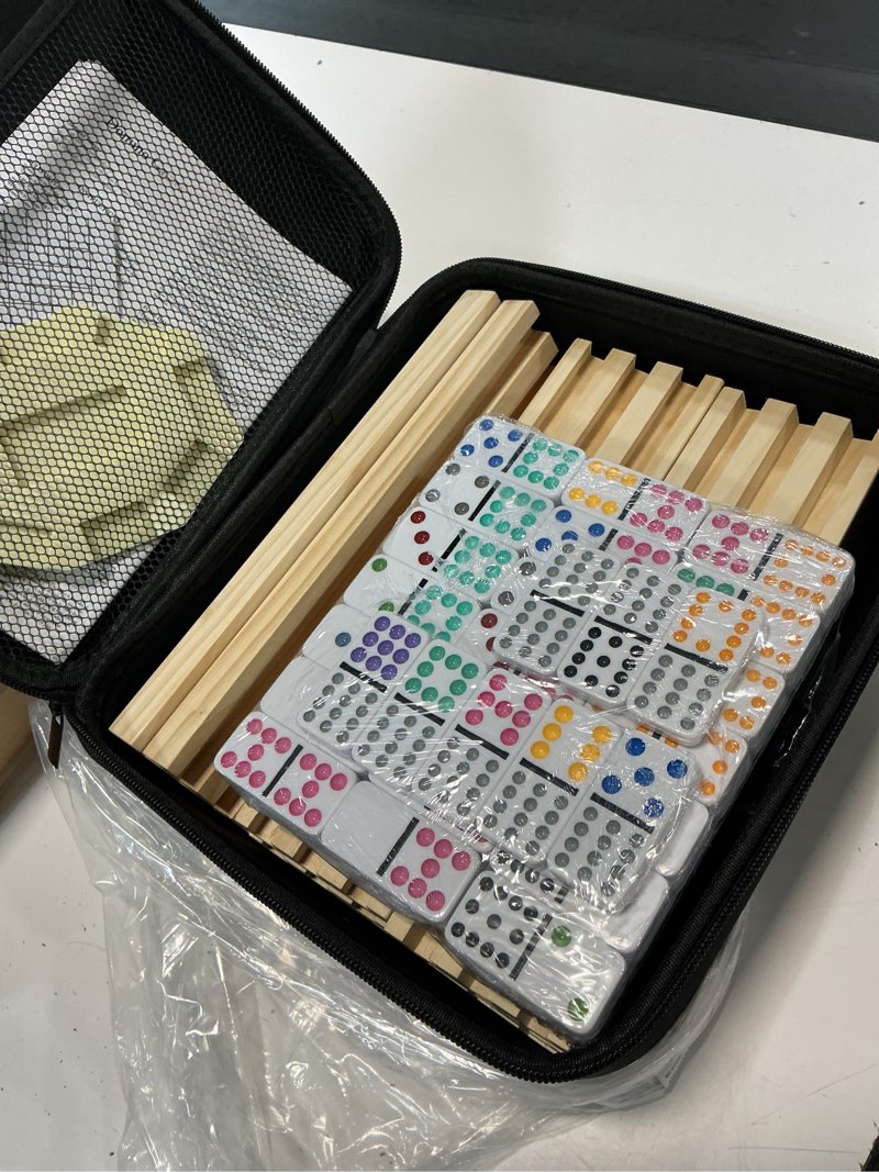 Condition photo showing New/Like New for mexican train dominoes set with 8 wooden trays/racks, double 12 dominos travel set with 8 domino tiles holders, 91 tiles double 12 colored dominoes game set with portable case for families kids d12 dot 8 players